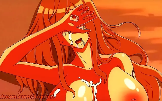 Two anime lovers entwined on a steamy beach escape