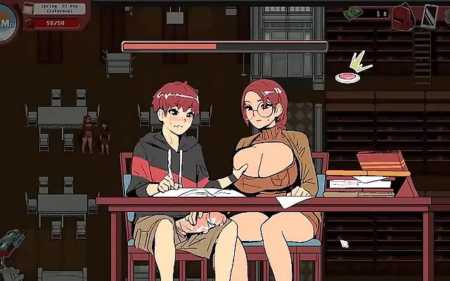 Busty nerd gives public handjob in library