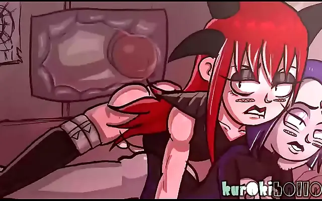 Sunlit room with dark anime art as futa demon mounts hero in fierce creampie scene