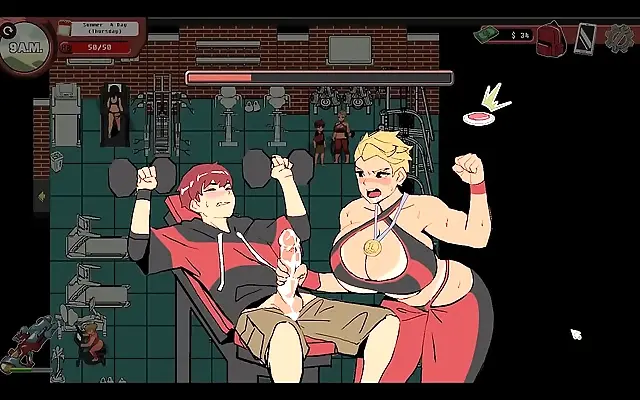 Two hot milfs share a steamy femdom handjob session at the gym in taboo anime fantasy