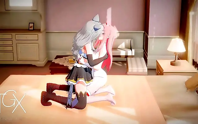 Fucking hard in a steamy futanari yuri clash with busty anime gamers