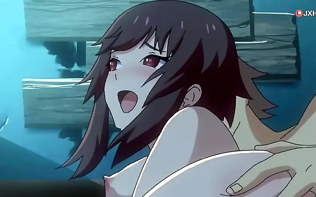 From behind close-up as Megumin takes it hard in anime heat