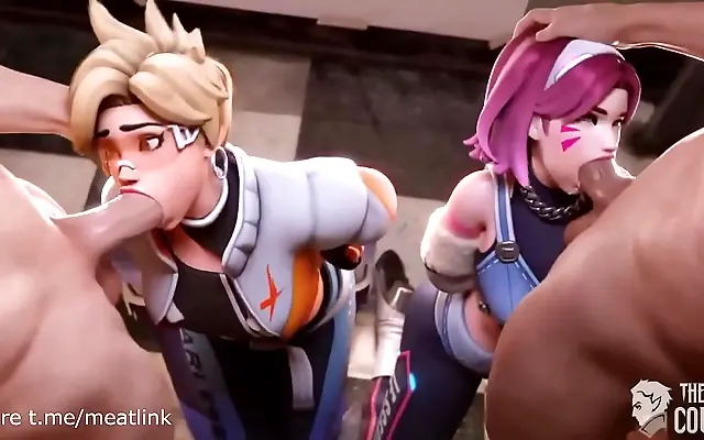 Charged passion as D.va and Tracer take turns face fucking