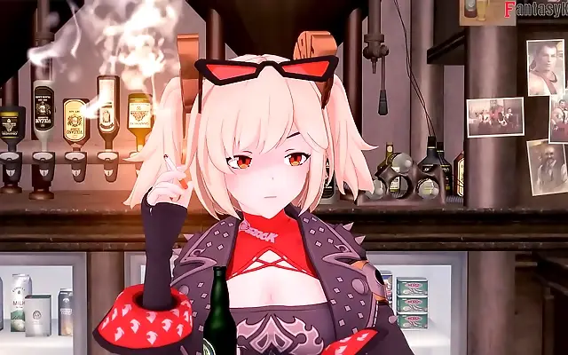 Busty Anime Beauty Burnice White Sucks and Fucks in Steamy Bar Scene POV
