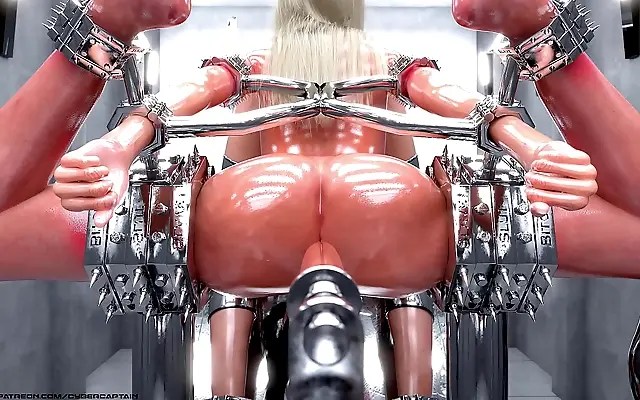 Begging for release in tight metal restraints, blonde beauty takes control play too far