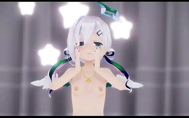 Two anime cuties in dark green star outfits tease with a sexy 3D dance