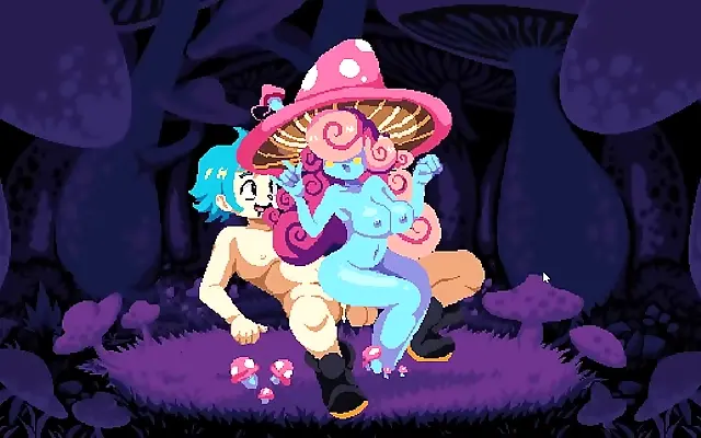 Lace gloves grip tight as the busty witch drains his energy in pixelated heat