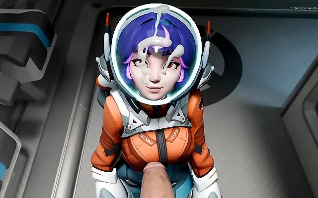 Two hot Overwatch lovers share a wild cumshot after an intense blowjob session