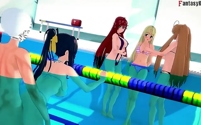 Sunlit pool tiles glisten as Akeno whispers naughty public sex desires