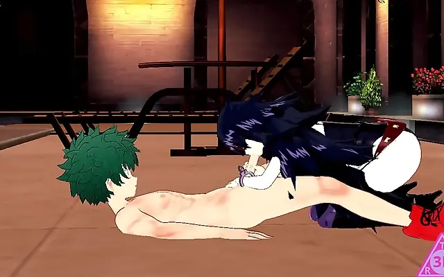 Tattooed babe gives Deku a naughty blowjob and handjob in steamy uncensored hentai