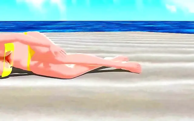 Sun-kissed curves glisten in tiny bikini on tropical shore