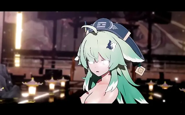 Huohuo the fox girl seduces in 3D anime fantasy with emerald tails and nude dance moves