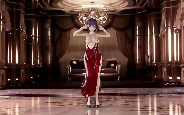 Standing Raiden Mei in Red Apron Teases with Busty Dance