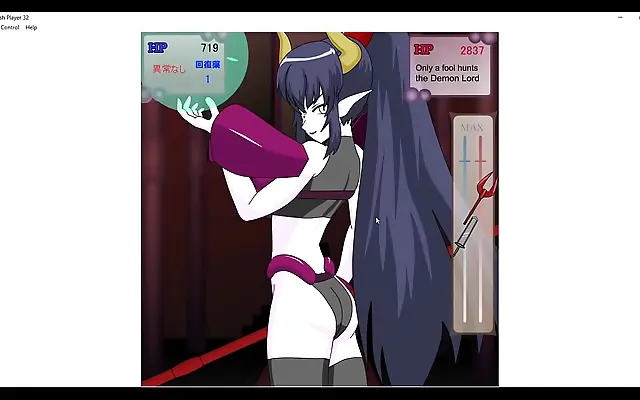 Against the demon daughter she kneels, claiming victory yet craving more