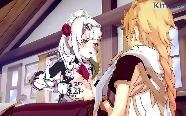 Three way steamy encounter with big boobs and creampie action in anime style