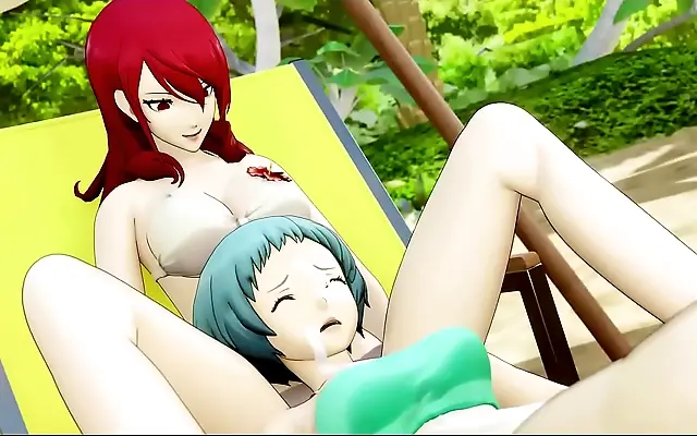 On all fours Fuuka moans as Mitsuru takes her girlcock deep