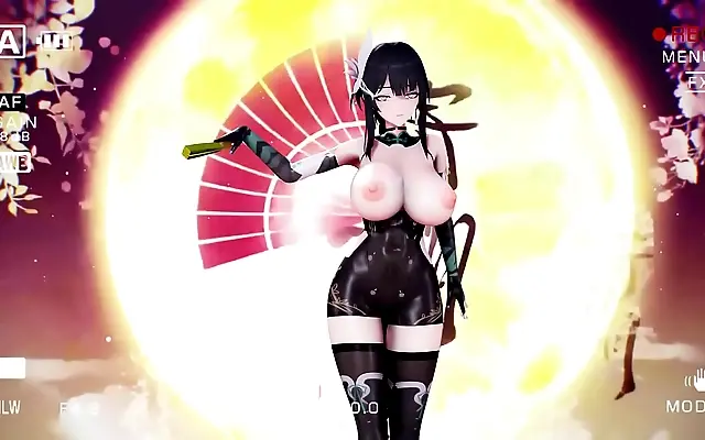 Busty Anime Goddess Dances with Yellow Fan in Sensual 3D Reveal