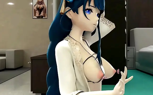 Two hot anime characters ignite passion in 3D blue hair action
