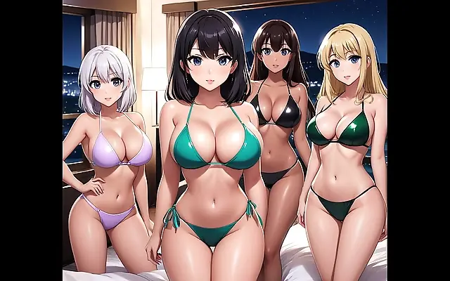 Silky thighs glistening under tropical sun with seductive anime vixens